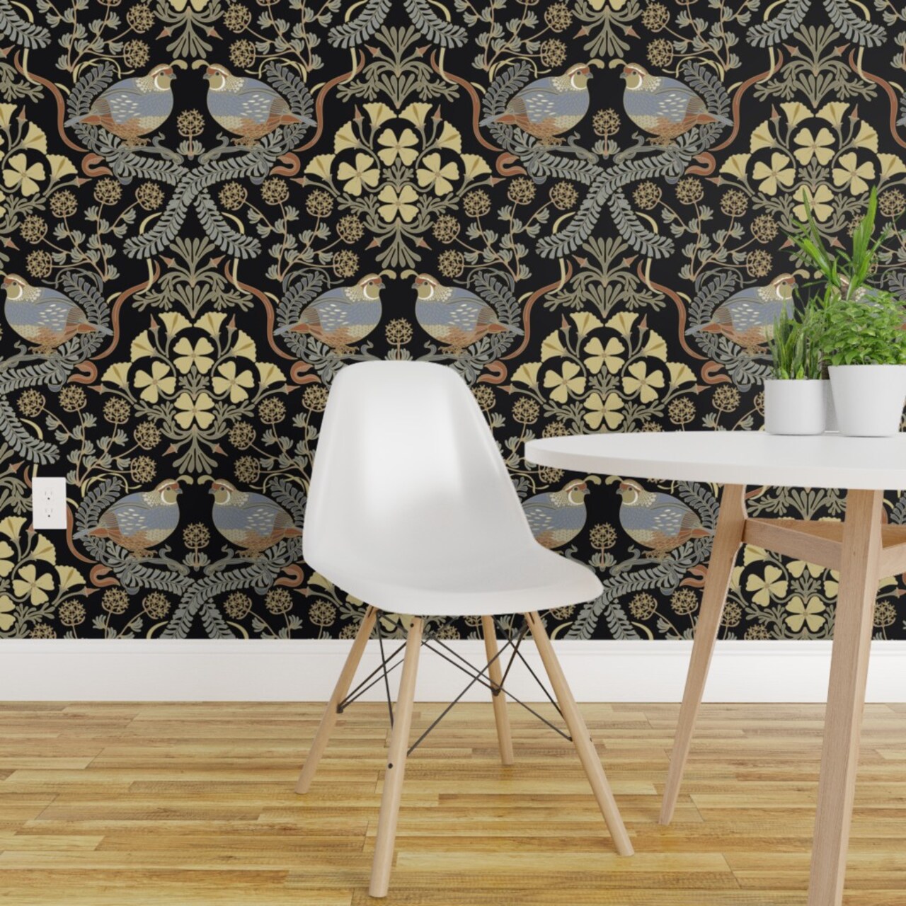 Pre-Pasted Wallpaper 2FT Wide Botanical Autumnal Vintage Game Bird Buckwheat Fauna Poppy Floral California Quail Earth Tone Birds Poppies Traditional Classic Fall Autumn Art Custom Pre-pasted Wallpaper by Spoonflower